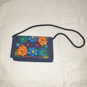 Authentic Mexican Blue Floral Embroidery Small Purse Clutch Handbag #1001H